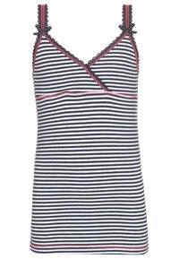 Streifen-Camisole mit dünnen Trägern, mit schwarz-weißem Streifenmuster, roten Akzenten entlang des Ausschnitts und Saums sowie Spitzenakzenten an den Schultern.