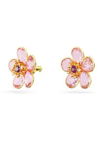 Różowe kolczyki w kształcie kwiatu, wykonane z wieloaspektowych kryształów, podkreślone złotymi akcentami i centralnym okrągłym kamieniem szlachetnym, z małymi przezroczystymi detalami.