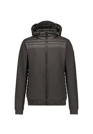 Chaqueta gris oscuro con cremallera, capucha acolchada, textura lisa y puños acanalados. Presenta costuras horizontales en el pecho y bolsillos laterales.