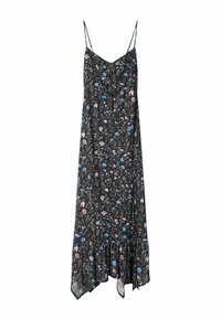 Czarna sukienka maxi w kwiaty z cienkimi regulowanymi ramiączkami, wzorem różowych i niebieskich kwiatów, falbankowym dołem i lekkim materiałem.