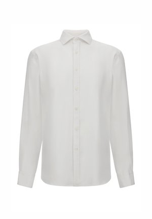 White long-sleeve button-up shirt made of lightweight fabric, featuring a classic collar, front placket, and plain design. Soft texture.