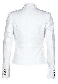 Vitt figursydd jacka med långa ärmar, strukturerad rygg och fyra svarta knappdetaljer vid ärmsluten. Slät textur och skräddarsydd design.