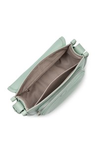 Borsa in pelle verde menta con chiusura con zip. L'interno presenta una fodera beige e una tasca con zip. Estremità arrotondate con due manici.
