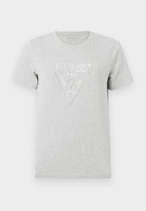 T-shirt in cotone grigio con motivo triangolare e dettagli in strass, con la scritta "GUESS U.S.A." al centro. Maniche corte.