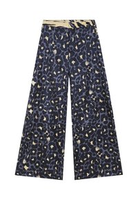 Pantalones de pierna ancha en tela azul oscuro con un estampado de leopardo en negro y acentos dorados. Presentan una cinturilla estructurada.