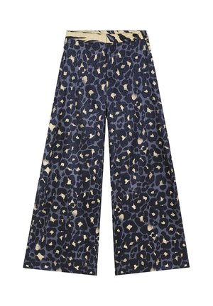 Pantalones de pierna ancha en tela azul oscuro con un estampado de leopardo en negro y acentos dorados. Presentan una cinturilla estructurada.