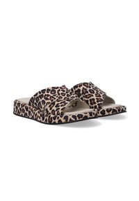 Sandály s leopardím potiskem, měkký vrchní materiál, otevřená špička, polstrovaná stélka a odolná černá podrážka.