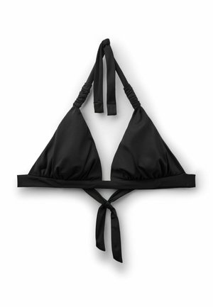 Czarny trójkątny top bikini z wiązaniem na szyi i z tyłu, prezentowany na płasko na białym tle.