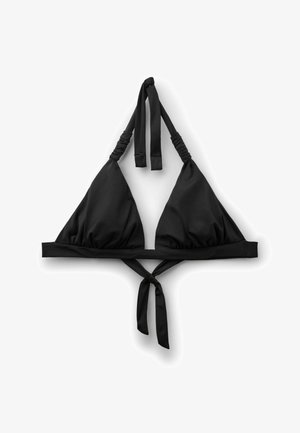 Czarny trójkątny top bikini z wiązaniem na szyi i z tyłu, prezentowany na płasko na białym tle.