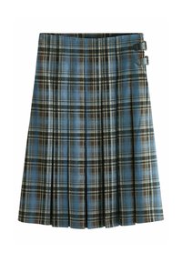 Spódnica w kratę o kolorach niebieskim, brązowym i czarnym, o plisowanym kroju, z dwoma bocznymi klamrami do zapinania. Wykonana z tkaniny tkanej.