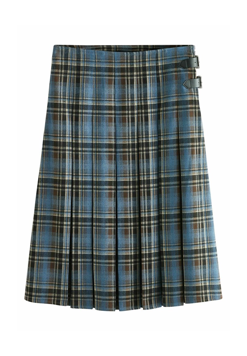 Spódnica w kratę o kolorach niebieskim, brązowym i czarnym, o plisowanym kroju, z dwoma bocznymi klamrami do zapinania. Wykonana z tkaniny tkanej.