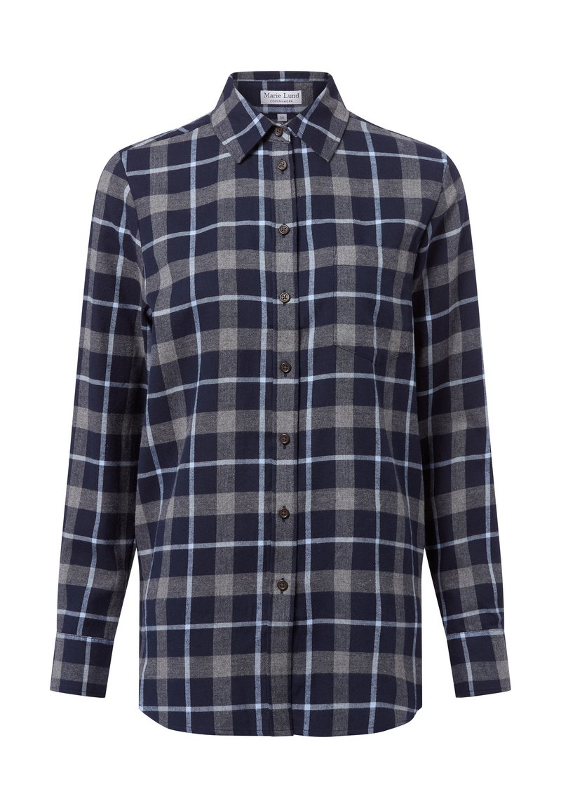 Navy and gray plaid flannel shirt with long sleeves, button-down front, and blue accents. Features a pointed collar and chest pocket.