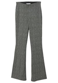Gray flared pants made of textured fabric, featuring a smooth waistband and a classic fit with subtle stitching details.