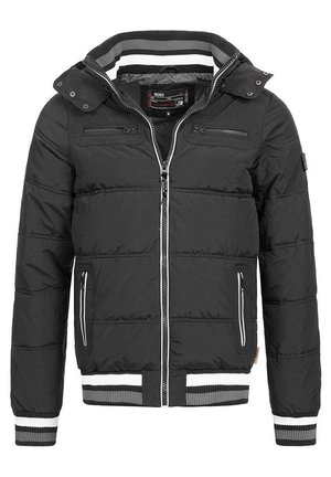 Black quilted jacket with a zip front, two upper zip pockets, and ribbed cuffs and hem featuring white and gray stripes. Hood included.