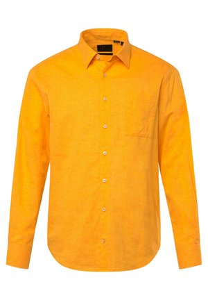 Yellow long-sleeve shirt with a button-down collar, featuring a chest pocket and front button placket. Made of textured fabric.