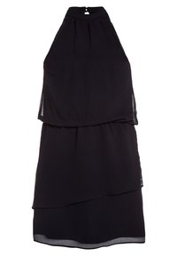 Robe en chiffon noir sans manches avec jupe à volants et col halter haut maintenue par une petite fermeture à bouton au dos.