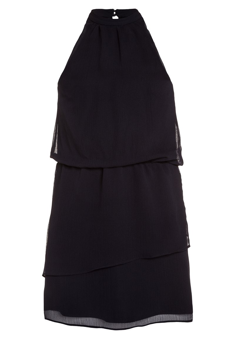 Robe en chiffon noir sans manches avec jupe à volants et col halter haut maintenue par une petite fermeture à bouton au dos.