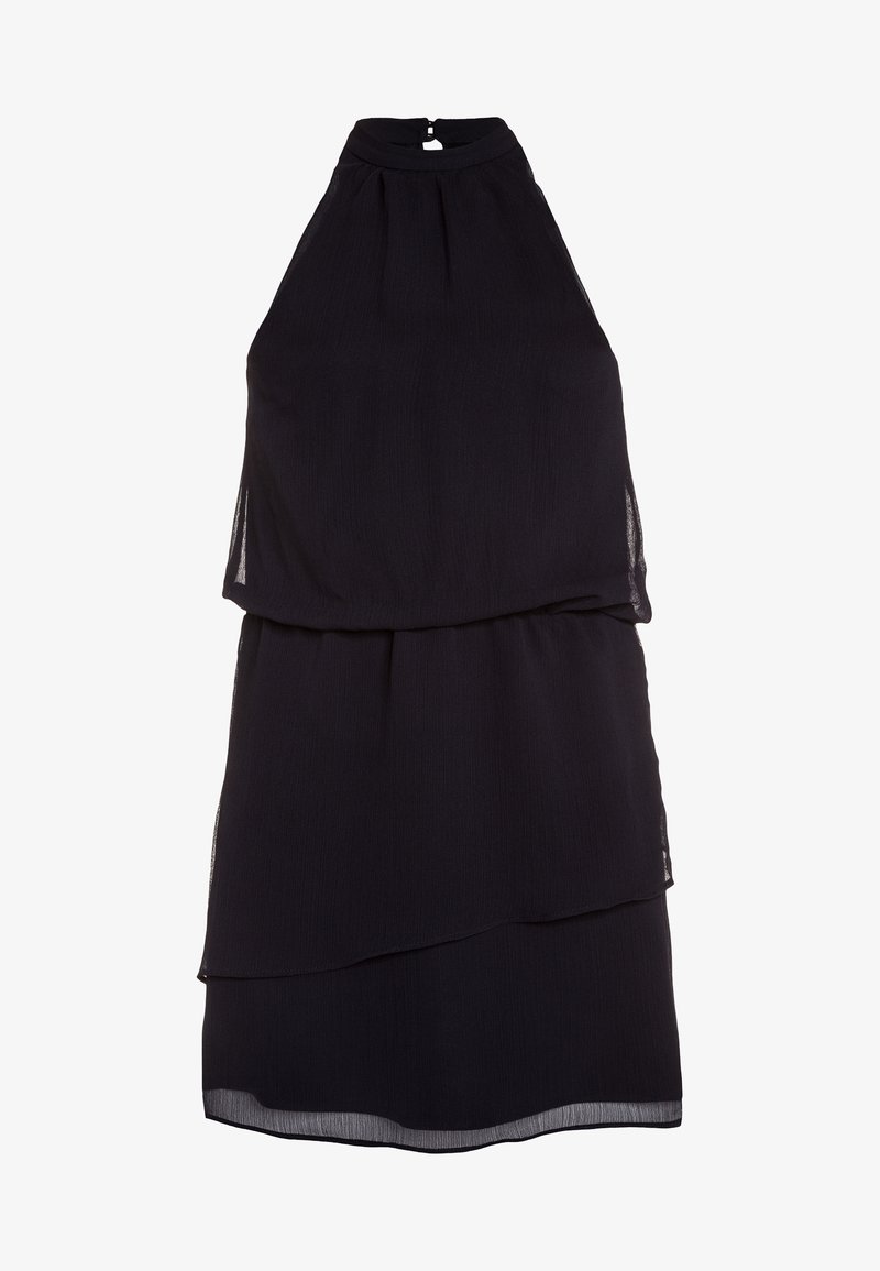 Mustat sifonkimekko, jossa on ilman hihoja, kerroksellinen hame ja korkea halterneck-kalekko, joka on kiinnitetty pienellä napilla takana.