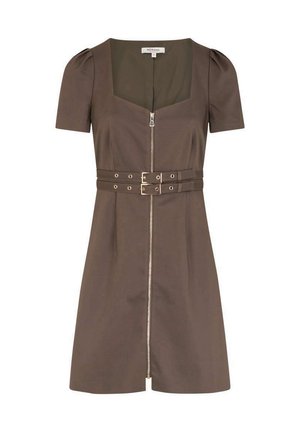 Braunes Kurzarmkleid mit quadratischem Ausschnitt und Frontreißverschluss. Verfügt über eine taillierte Taille mit goldfarbenen Hardware-Akzenten. Glatte Stofftextur.