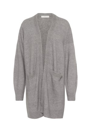 Pilkas megztinis su atsipalaidavusiu siluetu, atviru priekiniu užsegimu, ilgomis rankovėmis ir dviem priekinėmis kišenėmis. Pagamintas iš minkštos, tekstūruotos megztos medžiagos.