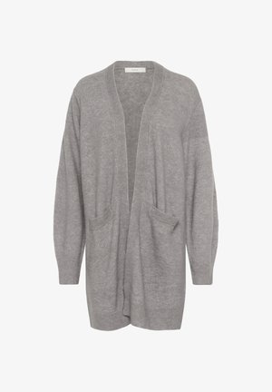 Pilkas megztinis su atsipalaidavusiu siluetu, atviru priekiniu užsegimu, ilgomis rankovėmis ir dviem priekinėmis kišenėmis. Pagamintas iš minkštos, tekstūruotos megztos medžiagos.