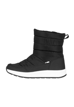 Schwarzer isolierter Winterstiefel mit gesteppter Oberseite, Zuglasche hinten, weißer dicker Sohle und kleinem Logotag an der Seite.