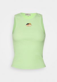 Jasnozielony prążkowany top na ramiączkach z zaokrąglonym dekoltem i bez rękawów. Z przodu na środku haftowany motyw dwóch cherubinów.