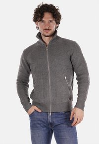 Maglione grigio lavorato a maglia con zip, texture a coste, colletto alto e tasche laterali, indossato sopra jeans in denim blu. Accenti argentati della zip.