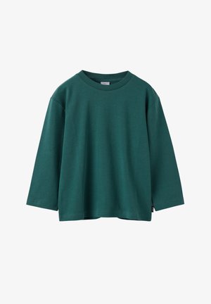 Donkergroen longsleeve shirt met ronde hals, met een eenvoudig ontwerp en een klein zwart label op de onderzijde van de zijnnaad.