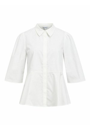 Weiße Baumwollbluse mit Kragen, kurzen puffärmeligen Ärmeln, Knopfleiste und Taillenschnitt in A-Linie. Glatte Textur, minimale Details.