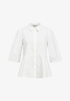 Valge puuvillane pluus kraega, lühikeste puhvvarrukatega, nööpidega ees ja peplum vöödisainiga. Sile tekstuur, minimaalne detailirohkus.