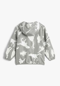 Lichtgrijze waterdichte jas met witte dinosaurusprint. Heeft een capuchon, elastische manchetten en een gerimpelde zoom voor een goede pasvorm.
