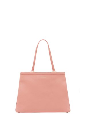 Sac fourre-tout en cuir rose avec deux poignées, forme structurée, fond plat et accents en métal doré. Texture lisse et design minimaliste.