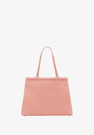 Roze leren tote bag met twee handvatten, gestructureerde vorm, platte basis en gouden hardware accent. Gladde textuur en minimalistisch ontwerp.