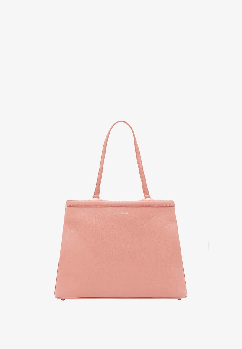 Sac fourre-tout en cuir rose avec deux poignées, forme structurée, fond plat et accents en métal doré. Texture lisse et design minimaliste.