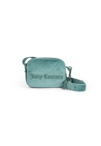 Una borsa a tracolla in suede teal con forma rettangolare, logo "Juicy Couture" impresso e tracolla regolabile con dettagli metallici.