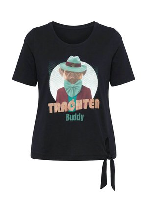 Ulla Popken, TRACHTEN BUDDY KNOT HEM GRAPHIC TEE - T-shirt con stampa - black