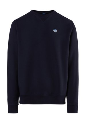 Felpa girocollo blu navy realizzata in tessuto morbido, con un piccolo logo circolare sul petto, polsini e orlo a coste.