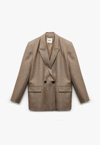 Bruine geruite dubbelzijdige blazer met twee voorzakken, gestructureerde revers en een ontspannen pasvorm. Gemaakt van textiel met een structuur.
