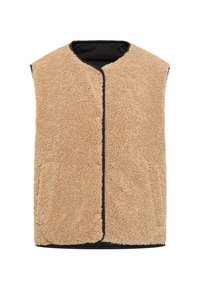 Beige Fake-Fur-Weste mit schwarzem Futter, ärmellos, offenem Vorderteil und seitlichen Taschen. Weiche Textur, keine sichtbaren Verschlüsse.