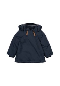 Jachetă căptușită de culoare bleumarin, cu glugă, închidere cu fermoar și manșete ribbate. Include două șireturi de fermoar din piele maro și o căptușeală interioară moale de culoare gri.