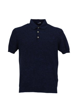 Navyblauwe polo gemaakt van textuurstof, met een klassieke kraag, een drieknoopsluiting en korte mouwen.