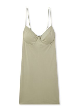 Abito sotto il ginocchio di colore verde chiaro, dotato di spalline sottili e regolabili, una parte superiore aderente con un raffinato dettaglio intrecciato e un tessuto morbido e leggero.