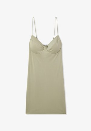 Abito sotto il ginocchio di colore verde chiaro, dotato di spalline sottili e regolabili, una parte superiore aderente con un raffinato dettaglio intrecciato e un tessuto morbido e leggero.