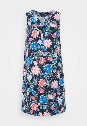 Ærmeløs mørkeblå kjole med V-hals, med stort pink, rødt og blåt blomsterprint og grønne bladmønstre.