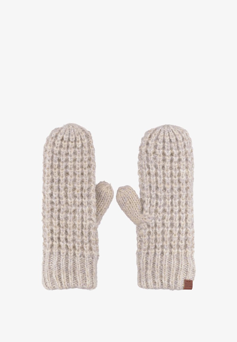 Beige gebreide wanten met een gestructureerd patroon en geribbelde manchetten. Voorzien van een klein leren label. Materiaal lijkt zacht en warm.