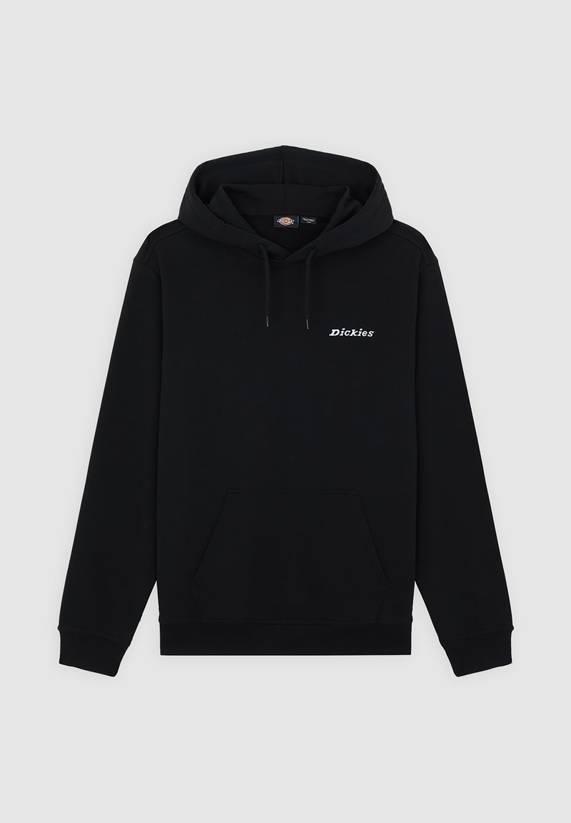 Felpa nera con cappuccio in misto cotone, dotata di tasca a marsupio, cappuccio con coulisse e logo bianco "Dickies" sul petto.
