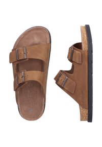 Sandales en cuir marron avec deux sangles ajustables, semelle intérieure texturée, semelle intermédiaire en liège et semelle extérieure en caoutchouc noir robuste.