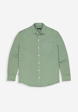 Light green long-sleeve shirt made of soft fabric, featuring a pointed collar, button closure, and a single chest pocket with stitching detail.