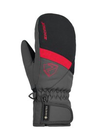 Moufles grises avec un design noir et rouge, en matériau imperméable, poignet élastique et prise texturée. Comprend une étiquette GORE-TEX pour une résistance aux intempéries.